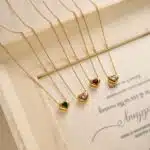 18K Gold Pendant Collar Necklace Sailing Peach Heart Pink Zircon Titanium Steel (9)