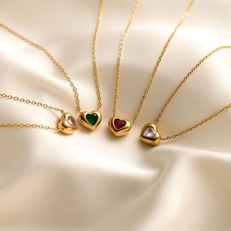 18K Gold Pendant Collar Necklace Sailing Peach Heart Pink Zircon Titanium Steel (9)