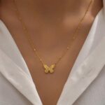 Gold Plated Bow Ring Butterfly Gold Color Stainless Steel Necklace (3)