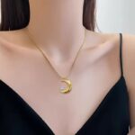 Stainless Steel Gold Plated Korean Romantic Moon Pendant Neckalce (2)