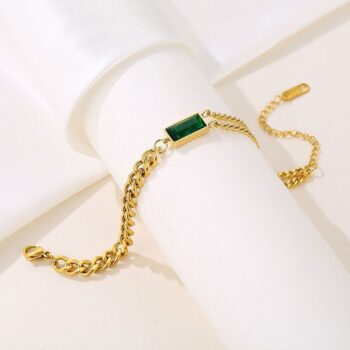 Stainless Steel Vintage Green Zircon Square Asymmetry Charm Bracelet