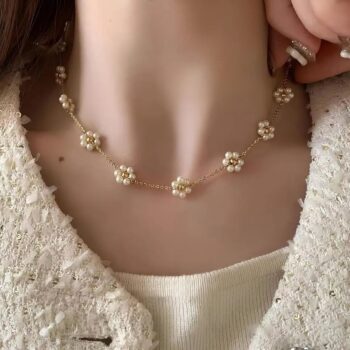 Elegant Pearl Flower Chain Necklace, Gold Plated Daisy Design