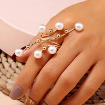 Gold Plated Long Cocktail White Pearl Finger Ring